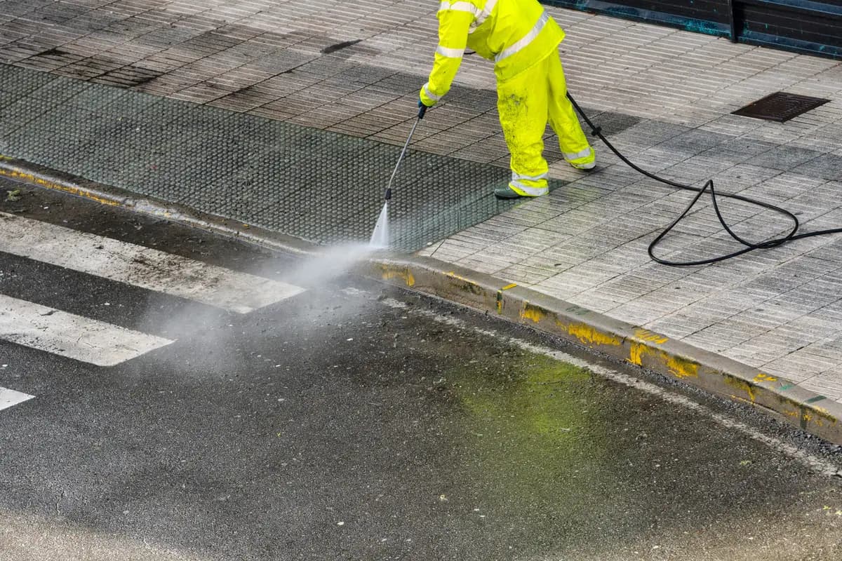 Professional sidewalk cleaning service in NYC using power washing equipment to clean Manhattan sidewalk