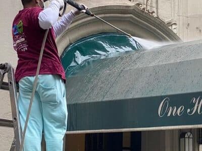 Before and after storefront cleaning NYC showing dramatic improvement in Manhattan business exterior